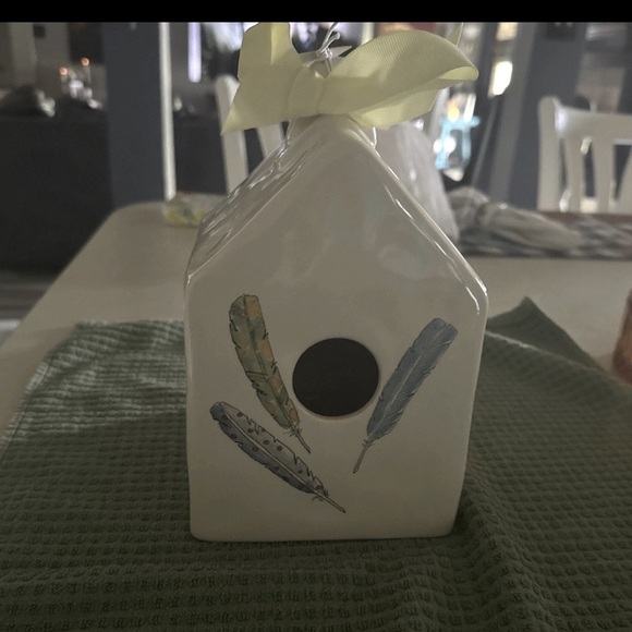 Rea Dunn Ceramic Birdhouse with Feather Design and Yellow Ribbon - Picture 1 of 9